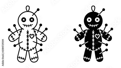 Photos Voodoo Doll Pair: Two voodoo dolls, one outlined and one blacked out, both adorned with pins, evoke a sense of mystical ritual and dark folklore