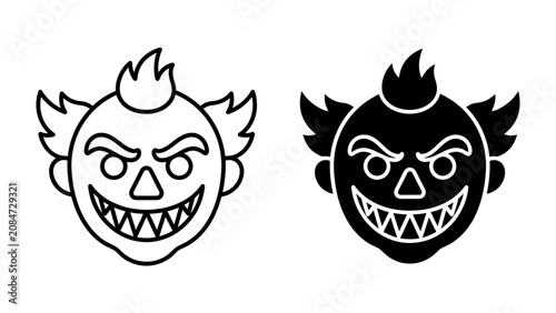 Tableau sur toile Creepy Clown Icon: A stylized illustration of a sinister clown's face, depicted in both outline and solid black, featuring sharp teeth and an unsettling grin