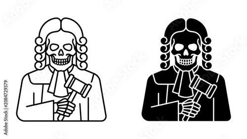 Photos Death's Judgment: A macabre depiction of a skeletal judge in full regalia, holding a gavel, representing the finality of judgment or the grim reaper presiding over a court