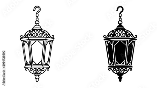 Obraz na plátně Intricate Lantern Designs: A pair of ornamental lanterns, one rendered in outline and the other as a solid silhouette, showcase detailed decorative metalwork and elegant geometric shapes