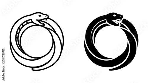 Obraz na plátně Ouroboros Symbol - Circle of Life: A powerful Ouroboros symbol depicted in both outline and silhouette, representing eternal recurrence, cyclical nature, and the infinite cycle of life, death