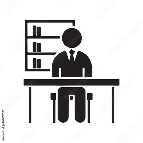 Business person sitting at office desk icon with businessman, bookshelf