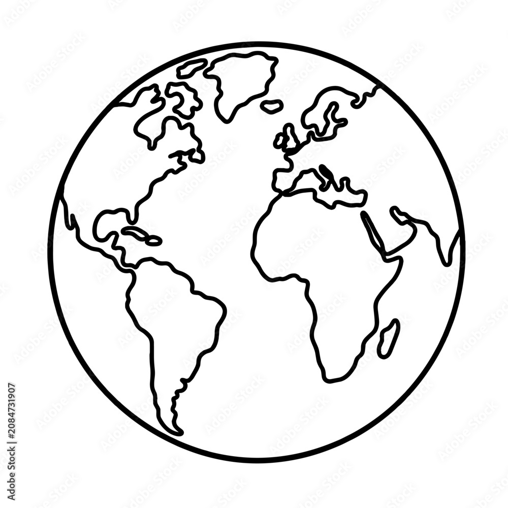 Obraz premium Simple outlined globe with world map in black line art
