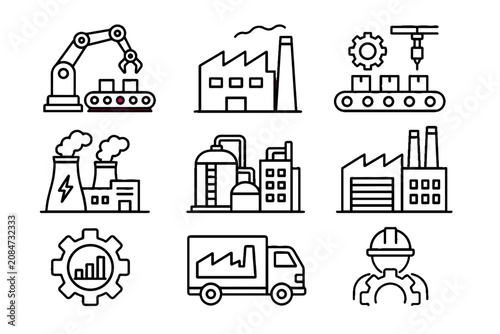 Foto Industrial factory and manufacturing line icon set