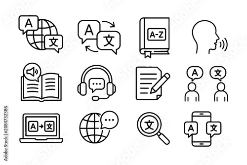 Photography Language translation and interpretation line icon set