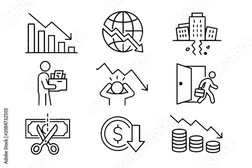 Tableau sur toile Economic downturn and job loss related line icon set