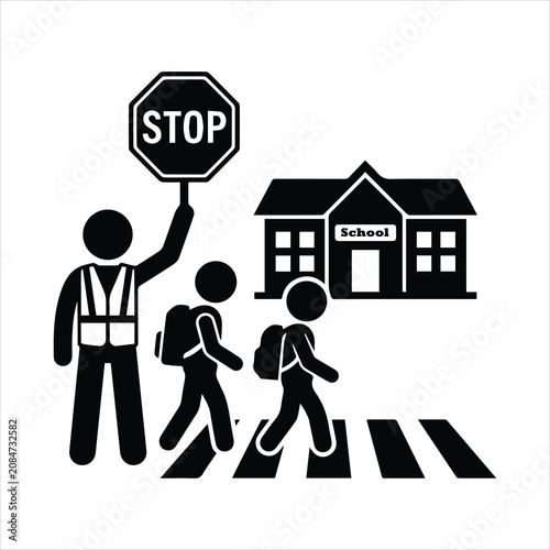 School crossing guard with children walking to school icon crossing children