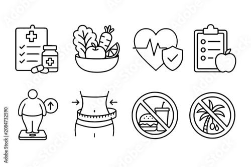 Healthy lifestyle and wellness line icon set