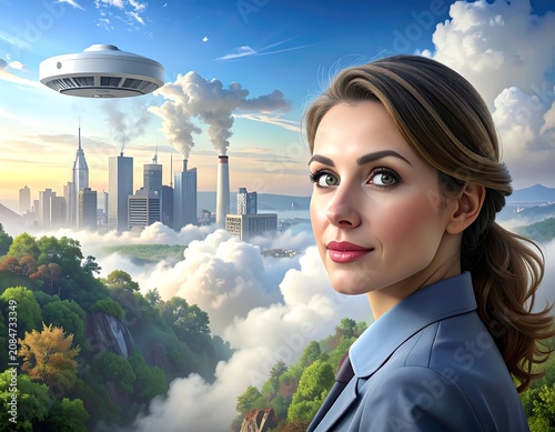 A portrait of a woman looking at the camera with a futuristic city, clouds, and a UFO in the background