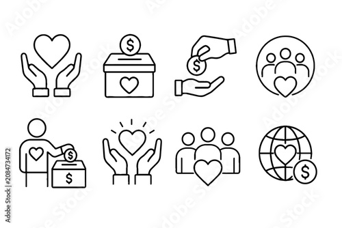 Foto Charity and donation line icons collection with hearts and money