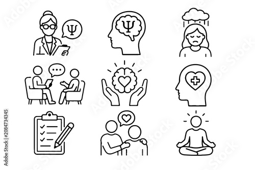 Bild auf Leinwand Mental health therapy and wellness line icon set