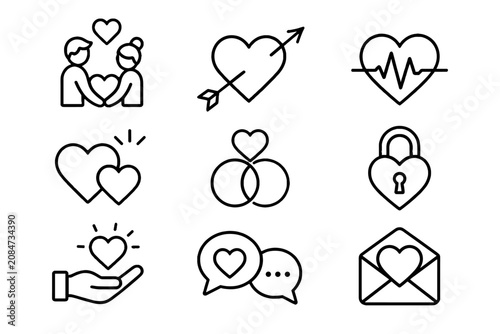 Set of love and relationship line icons on white background
