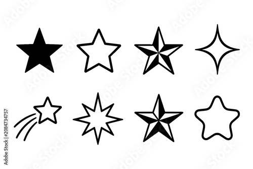 Set of simple black outlined star shapes and symbols
