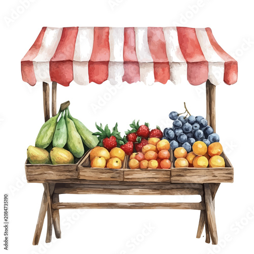 watercolor painting of Summer Market Fruit Stand graphic, isolated on a white background.