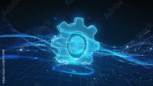 Abstract Blue Fractal Technology Background with Glowing Rays Circles and Digital Energy Network Design in 3D Space