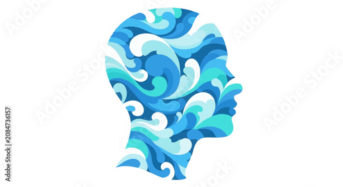 Blue ocean waves in human head silhouette creative thinking concept