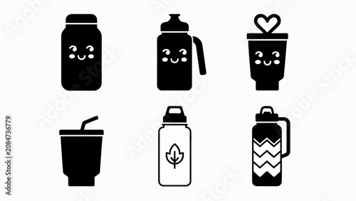 Cute Kawaii Drink Bottles and Cups Icons Set - Vector Illustration