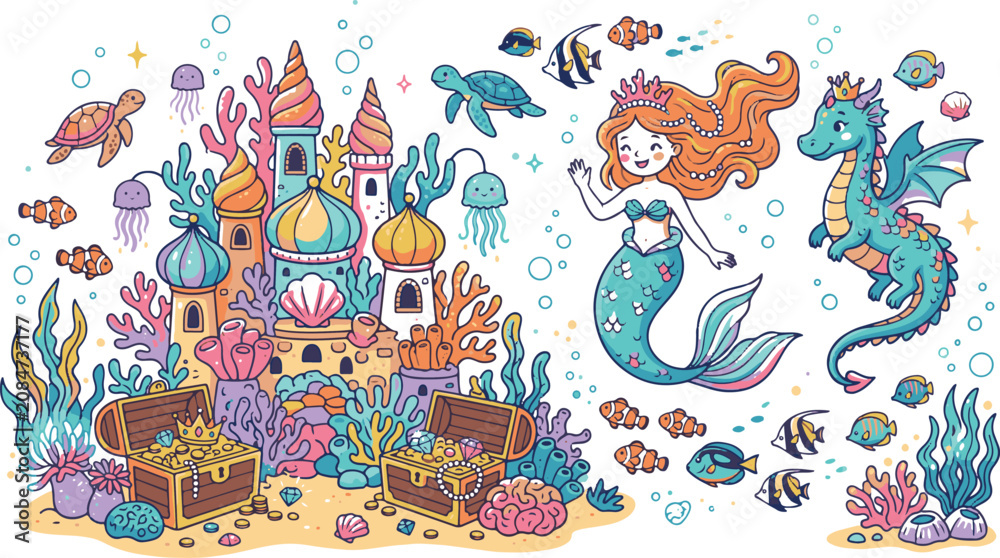 Naklejka premium Underwater fantasy world elements with magical mermaid princess sea dragon and reef castle