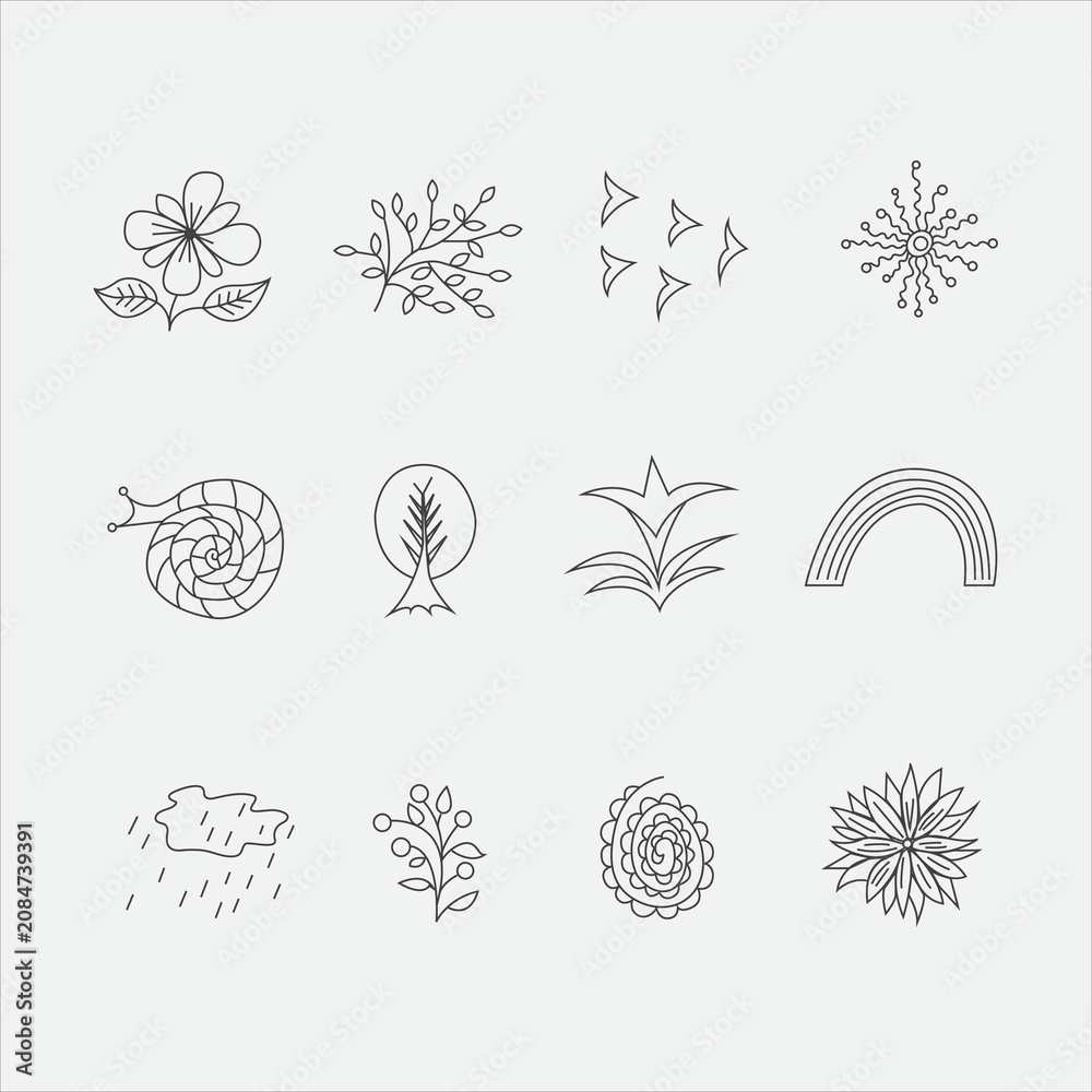 Naklejka premium Abstract Line Art Doodle Set - 12 Black and White Vector Elements