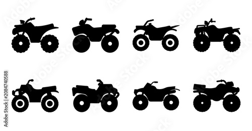 Foto Black atvs and dirt bikes silhouette icons set - A clean set of black silhouette icons featuring various ATVs and dirt bikes in different poses for versatile graphic use