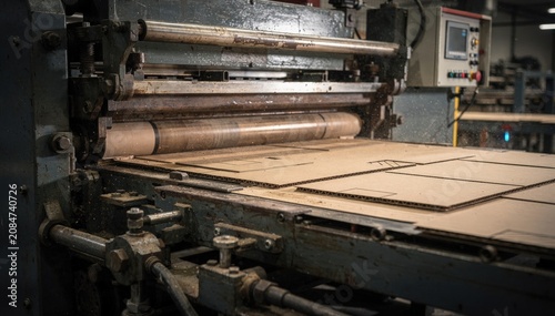 Closeup medium shot of a large platen press cutting thick board emphasizing the machines power and accuracy in crafting sturdy packaging materials.