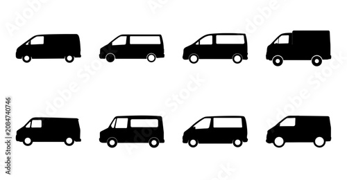 Bild auf Leinwand Black delivery vans and minivans icon set - A clean, minimalist icon set featuring black delivery vans, minivans, and cargo vehicles in simple line art style