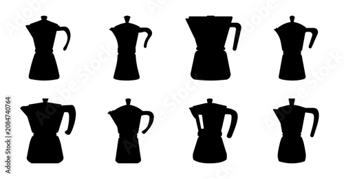 Bild auf Leinwand Black coffee makers and italian stovetop espresso pots - A collection of stylish black coffee makers and traditional Italian stovetop espresso makers in minimalist silhouette style