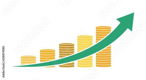 Stacked gold coins with rising green arrow flat vector silhouette