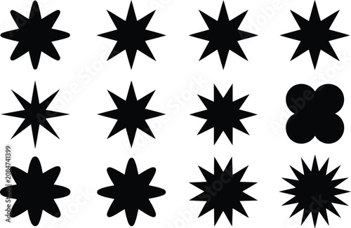 Black star shape design element set with geometric symbols for branding layouts and creative projects