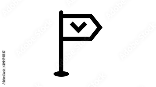 a black and white icon of a flag with a checkmark.