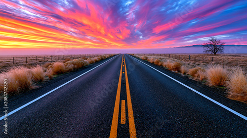 Empty highway stretches towards a vibrant sunset with dramatic clouds over a rural landscape