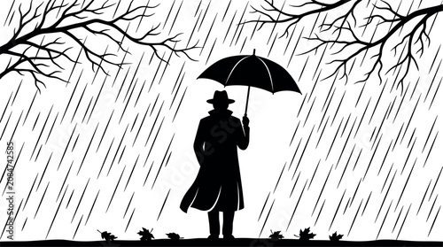 Film Noir Detective Silhouette Vector Illustration of a Man in Trench Coat and Hat Holding Umbrella Under Heavy Rain and Bare Tree Branches