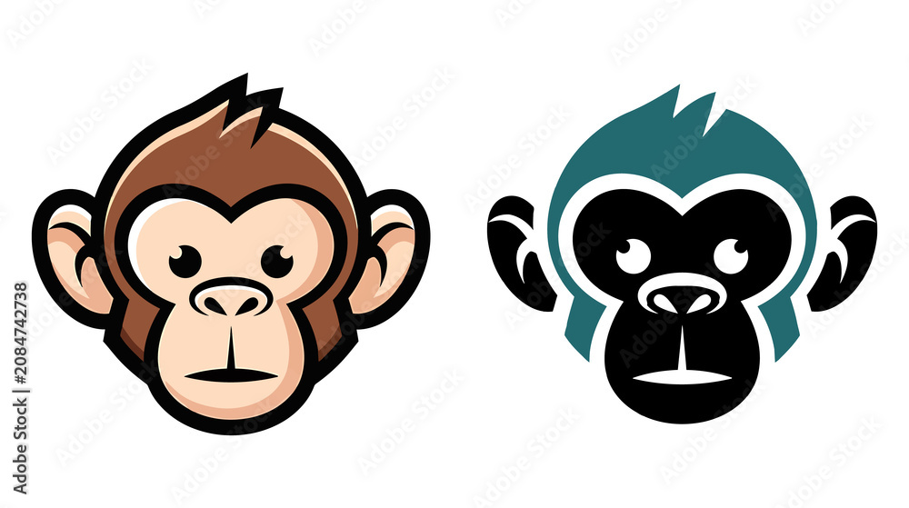 Fototapeta premium Cute cartoon monkey faces side by side with contrasting colors and outlines