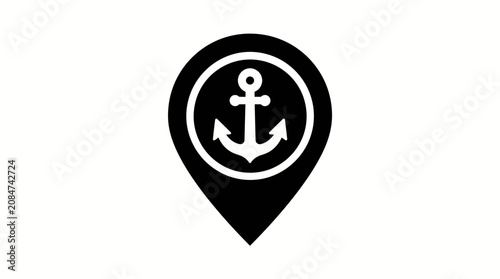 Black map pin icon with anchor symbol.