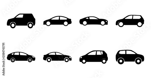 Cuadro en lienzo Eight black car icons in a row - A clean set of eight black vehicle icons aligned neatly for design or presentation use