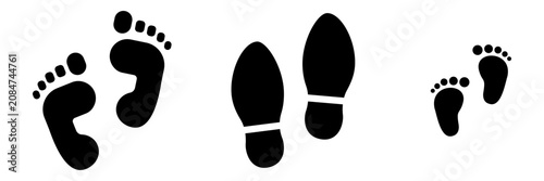 Footprint icon set, barefoot trace, shoe prints
