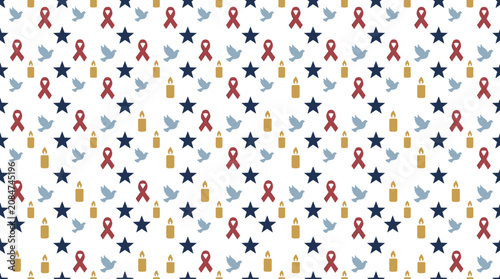 Seamless pattern of red ribbons blue doves and gold candles with stars