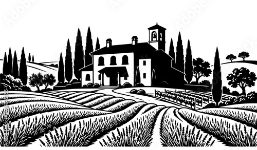 Bild auf Leinwand Vintage Tuscany Vineyard Landscape Vector Illustration Featuring Mediterranean V