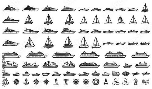 Obraz na płótnie Nautical Marine Icon Set Featuring Hand Drawn Luxury Yacht Sailboat Cruise Ship