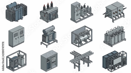 Fotografie Collection of industrial electrical transformers and components.