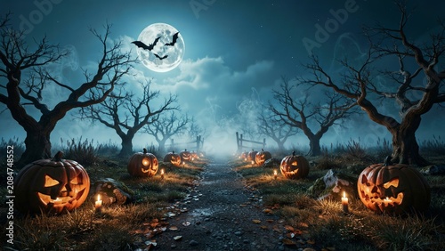 Spooky halloween night with glowing jack o lanterns and bats