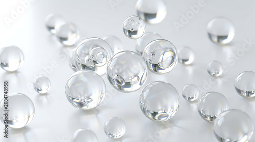 multiple abstract 3d glass spheres with light refraction, soft white background, crystal clear transparency, scattered composition, ultra detailed commercial stock photo style