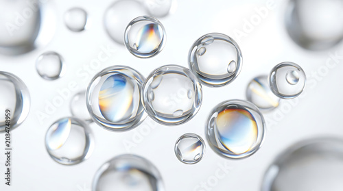 multiple abstract 3d glass spheres with light refraction, soft white background, crystal clear transparency, scattered composition, ultra detailed commercial stock photo style