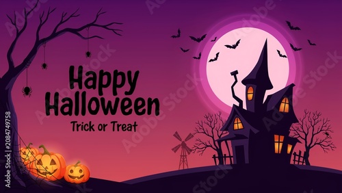 Happy halloween illustration with spooky house pumpkins and bats