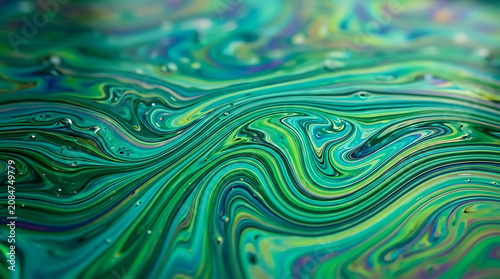 iridescent fluid abstract background, green and teal oil slick texture, nature inspired colors flowing, smooth liquid surface, macro photography style, ultra high resolution