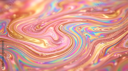 iridescent fluid abstract background, pink and gold oil slick texture, warm pastel colors flowing, smooth liquid surface, macro photography style, ultra high resolution