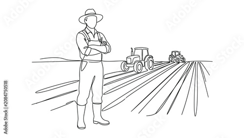 A black and white line art illustration of a male farmer standing in a field