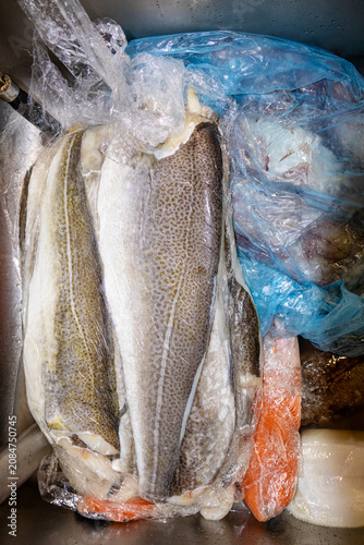 Whole fresh white fish wrapped in plastic packaged for commercial kitchen storage
