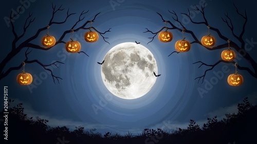 Halloween night scene with jack o' lanterns and full moon