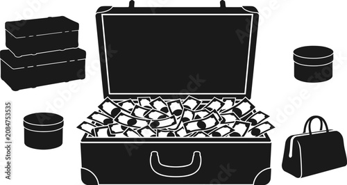 Fotografie Black silhouette of suitcases filled with money and small containers